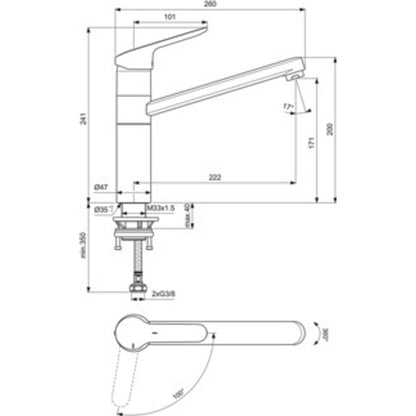 Schita tehnica Ideal Standard Ceraflex Baterie chiuveta bucatarie monocomanda cu pipa inalta, crom