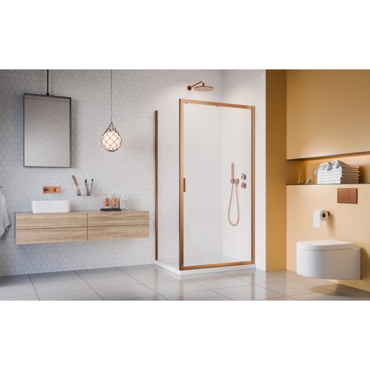 Cabina dus dreptunghiulara cu usa glisanta Radaway Alienta Brushed Copper DWJ+S 110x90 cm, profil cupru periat - ambient baie