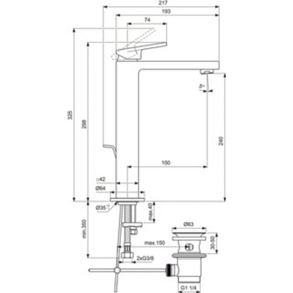 Schita tehnica Baterie lavoar inalta Ideal Standard Extra cu ventil, H30 cm, crom