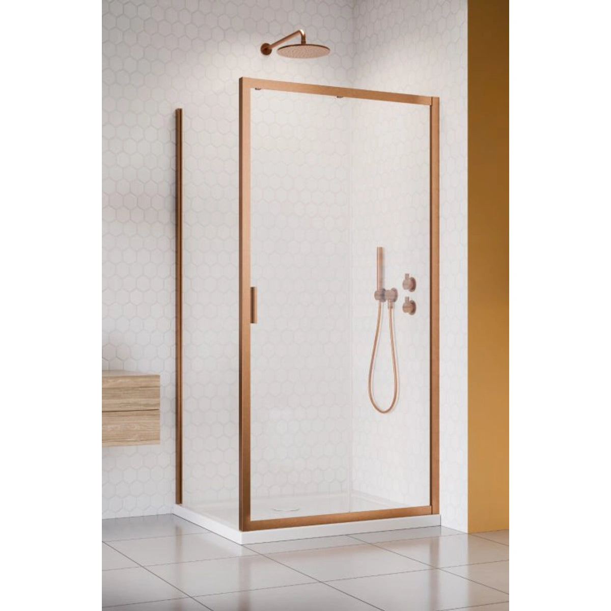 Cabina dus dreptunghiulara cu usa glisanta Radaway Alienta Brushed Copper DWJ+S 110x80 cm, profil cupru periat