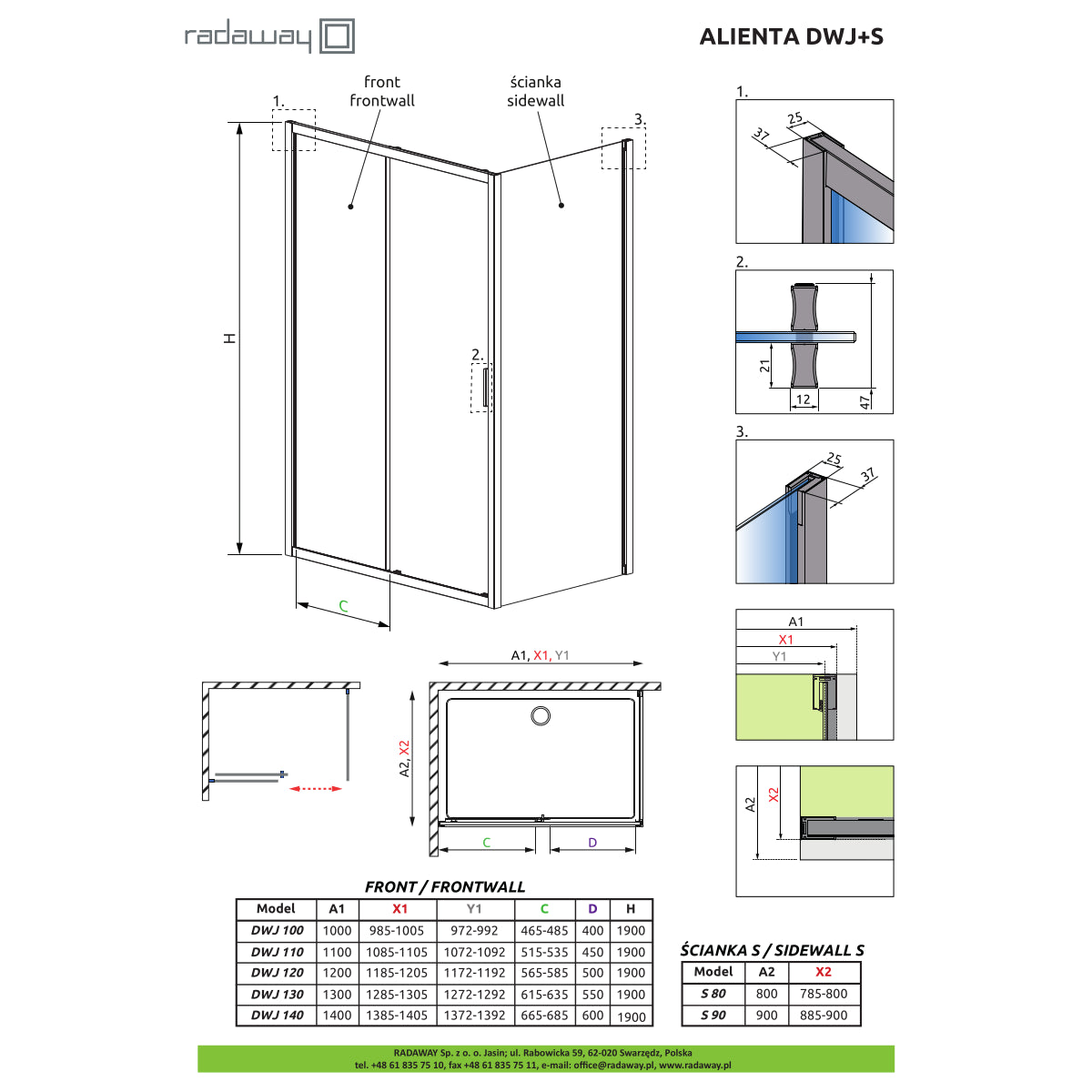 Cabina dus dreptunghiulara cu usa glisanta Radaway Alienta Brushed GunMetal DWJ+S 100x80 cm, profil antracit periat - desen tehnic