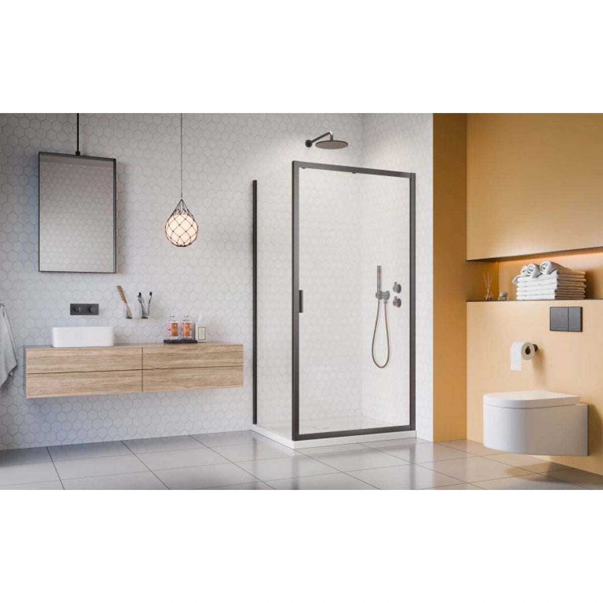 Cabina dus dreptunghiulara cu usa glisanta Radaway Alienta Brushed GunMetal DWJ+S 110x80 cm, profil antracit periat - ambient