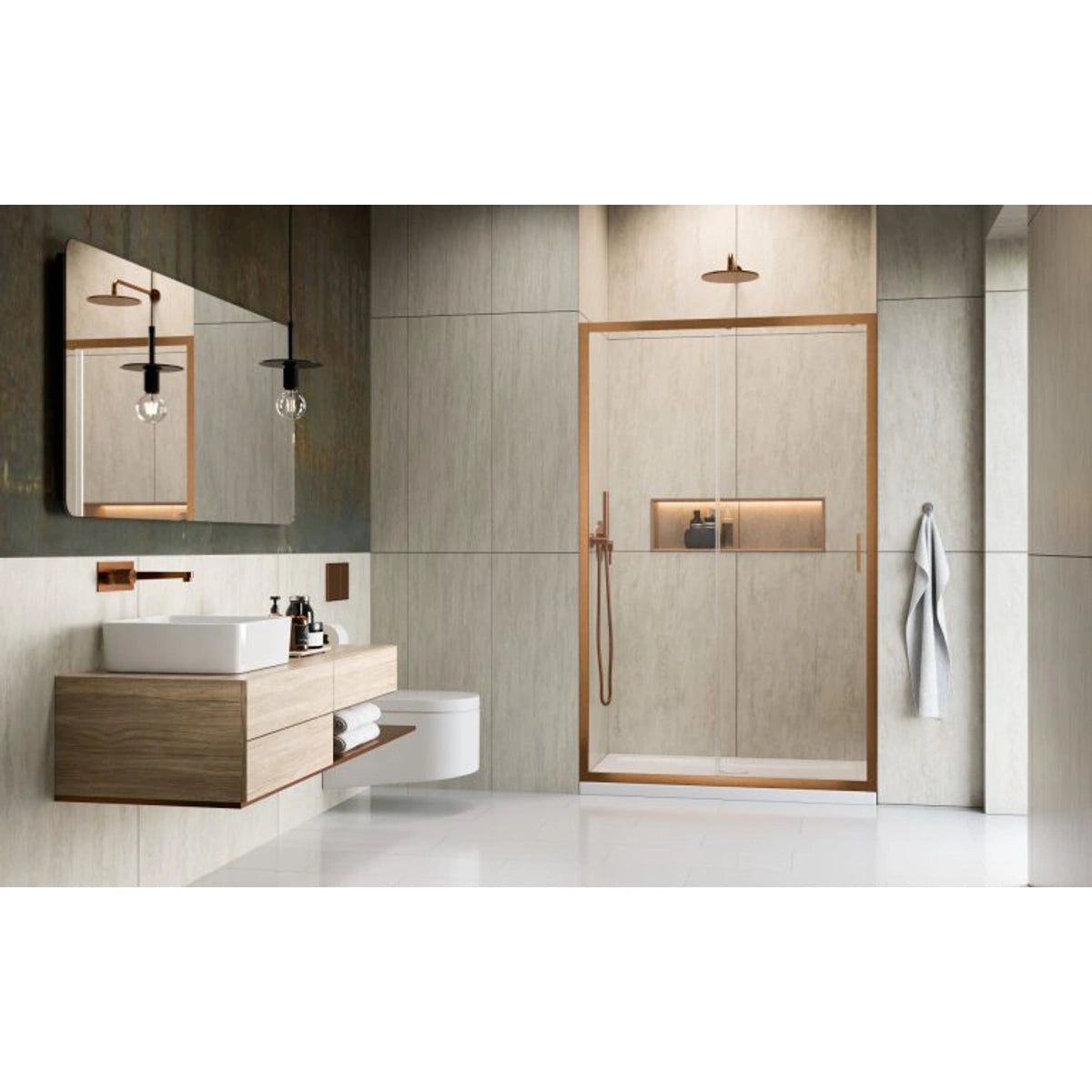 Usa dus glisanta Radaway Alienta Brushed Copper DWJ 110xH190 cm, montaj in nisa, profil cupru periat - ambient baie