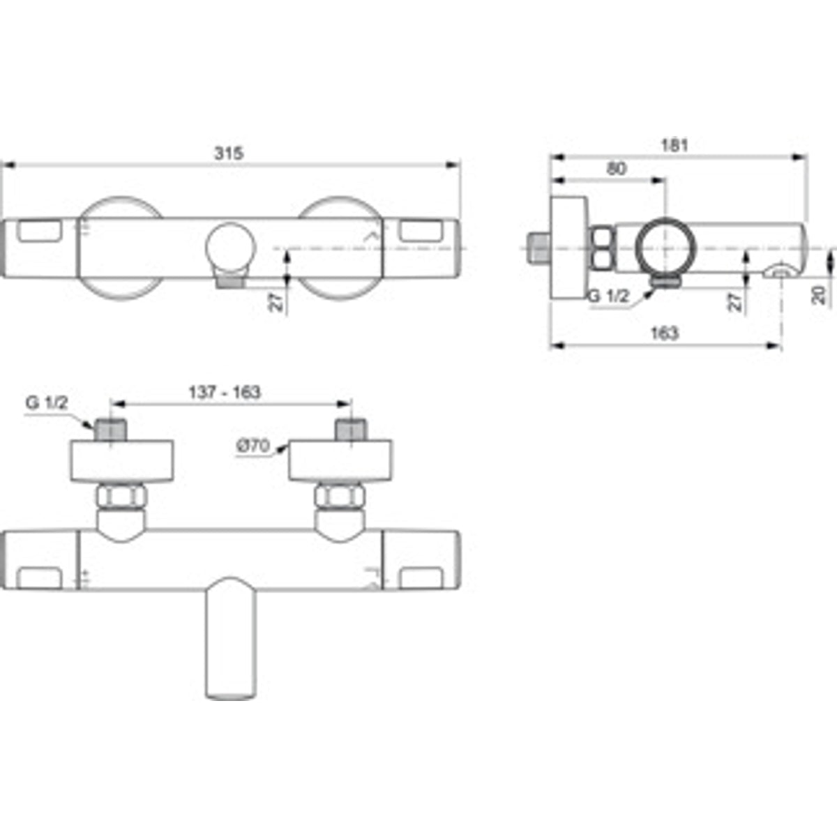 Schita tehnica Ideal Standard Ceratherm T25N Baterie cada dus cu termostat, crom