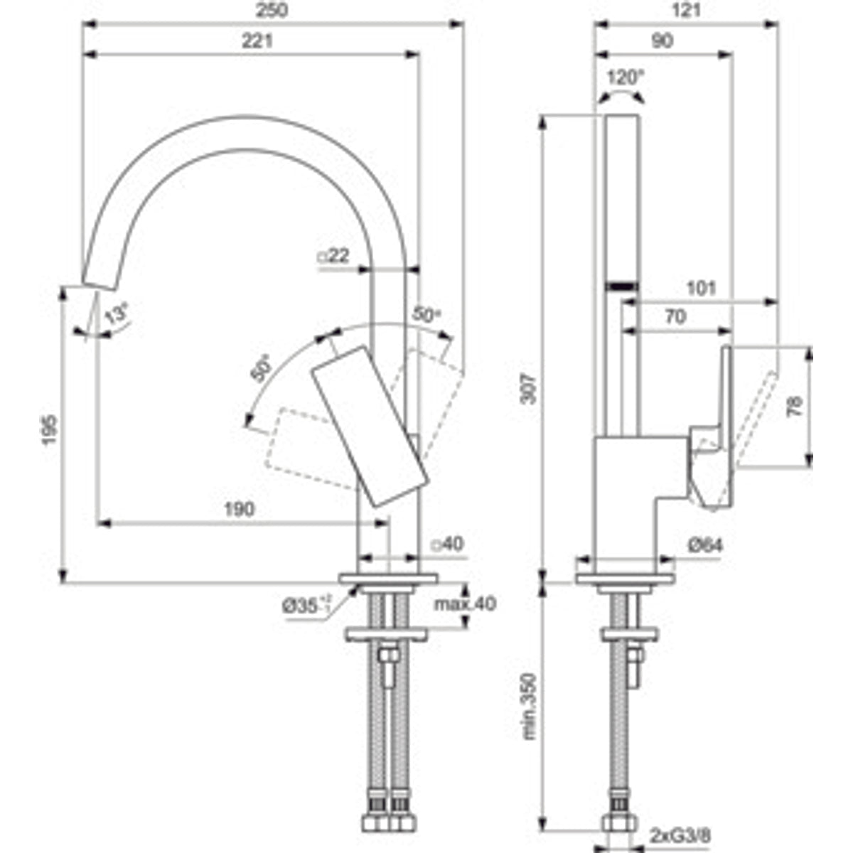 Schita tehnica Baterie lavoar inalta Ideal Standard Extra fara ventil, H31 cm, crom