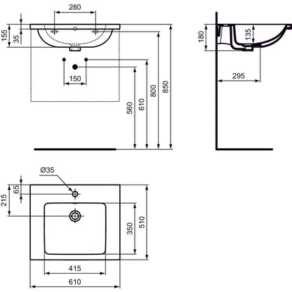 Schita tehnica Lavoar baie suspendat Ideal Standard I.Life B 61x51 cm, cu orificiu pentru baterie