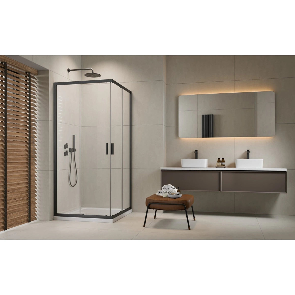 Cabina dus patrata cu usi glisante Radaway Alienta Brushed GunMetal C 80x80 cm, profil antracit periat - ambient
