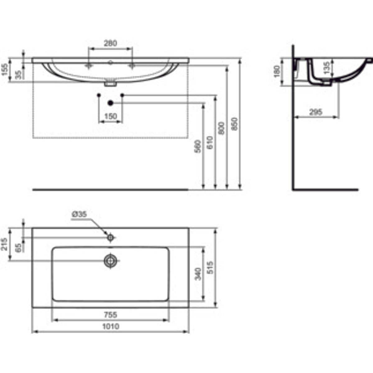 Schita tehnica Lavoar baie suspendat Ideal Standard I.Life B 101x52 cm, cu orificiu pentru baterie