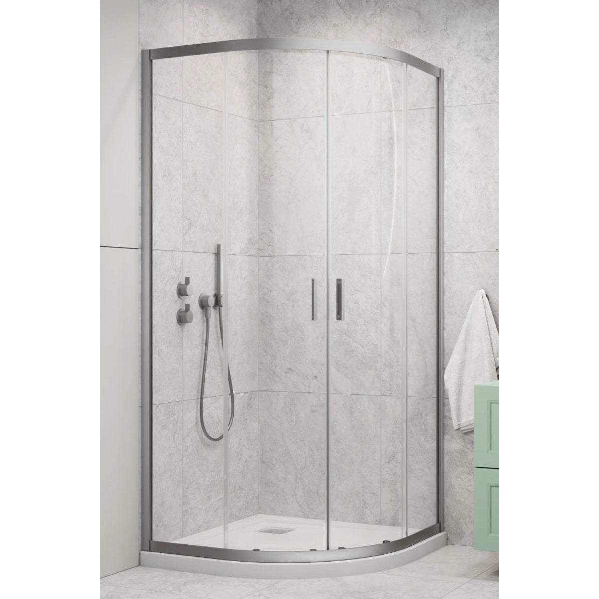 Cabina dus semirotunda cu usi glisante Radaway Alienta Brushed Nickel A 80x80 cm, profil nichel periat