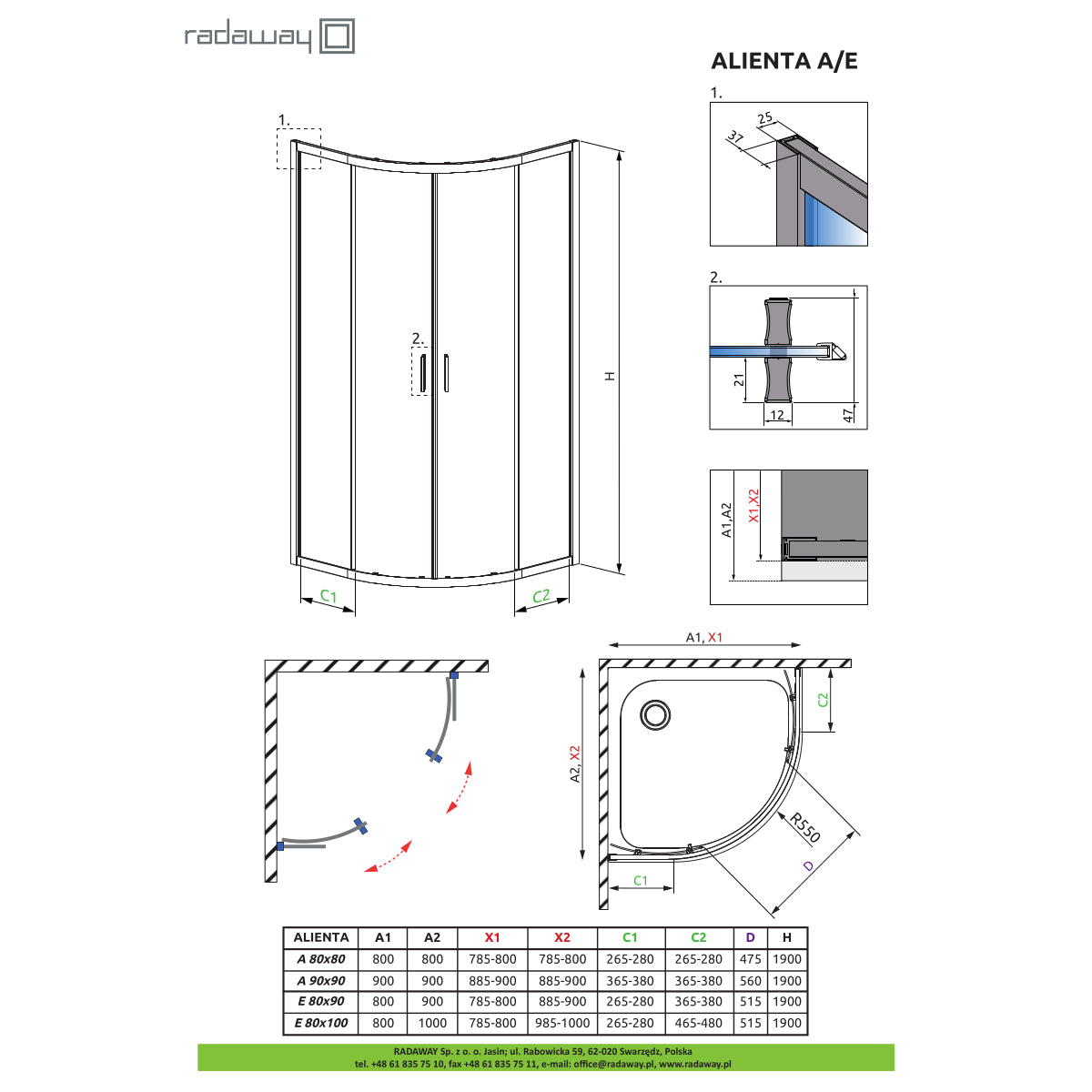 Cabina dus semirotunda cu usi glisante Radaway Alienta Brushed Nickel A 90x90 cm, profil nichel periat - desen tehnic