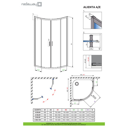 Cabina dus semirotunda cu usi glisante Radaway Alienta Brushed Nickel A 90x90 cm, profil nichel periat - desen tehnic