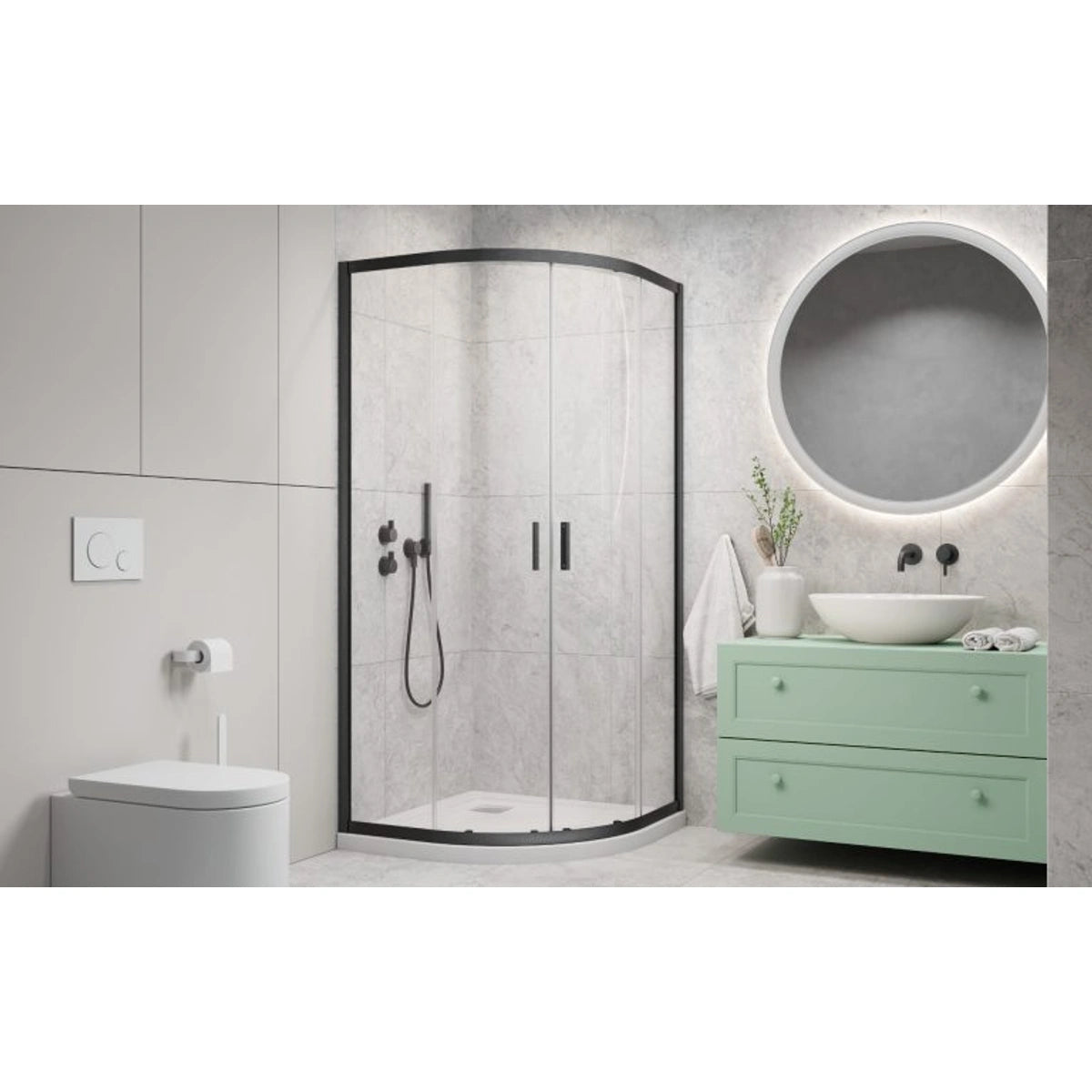 Cabina dus semirotunda cu usi glisante Radaway Alienta Brushed GunMetal A 90x90 cm, profil antracit periat - ambient