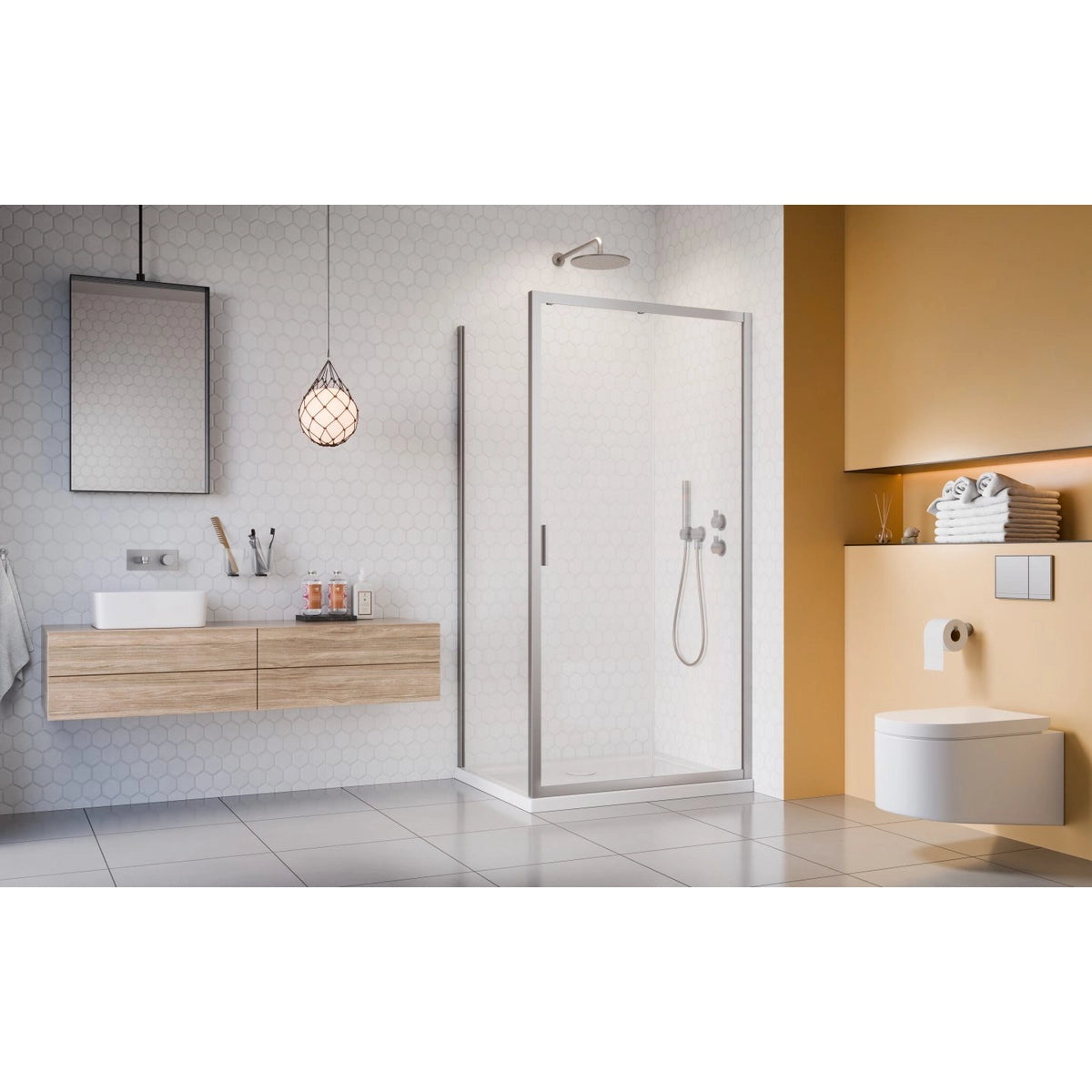 Cabina dus dreptunghiulara cu usa glisanta Radaway Alienta Brushed Nickel DWJ+S 100x90 cm, profil nichel periat - ambient