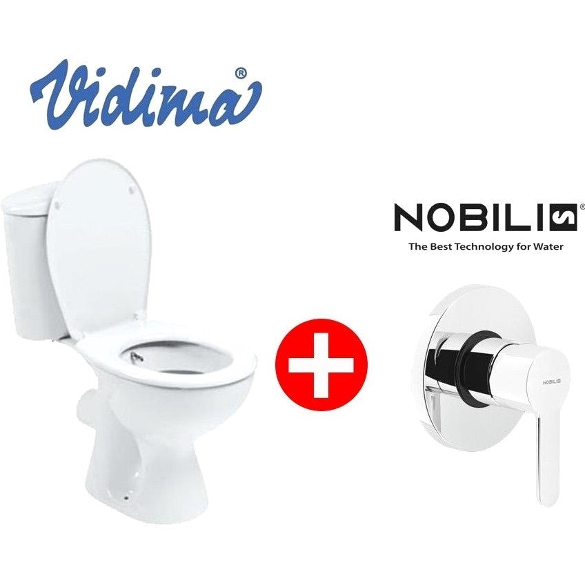 Set promo Vas WC cu bideu pe pardoseala cu rezervor aparent, baterie si capac Vidima Ulysse S 37x64 cm evacuare orizontala