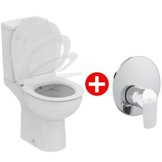 Set Vas WC cu bideu pe pardoseala cu rezervor aparent, baterie si capac soft close Ideal Standard Eurovit Rimless 37x62 cm evacuare orizontala